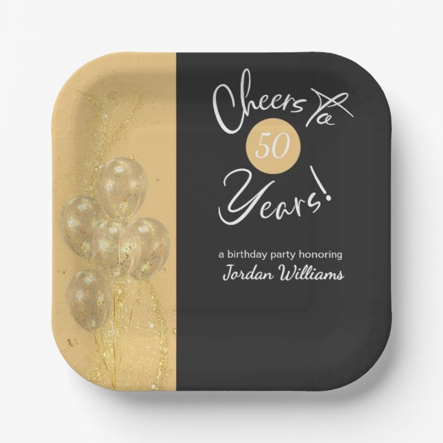 Elegant Black Cheers to 50 Years Birthday Party Paper Plates (Front)