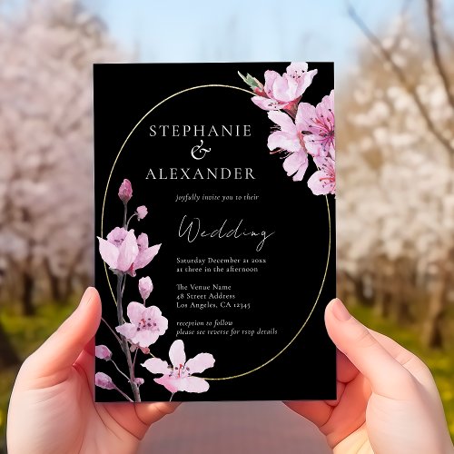 Elegant Black Cherry Blossom QR Code Wedding Invitation