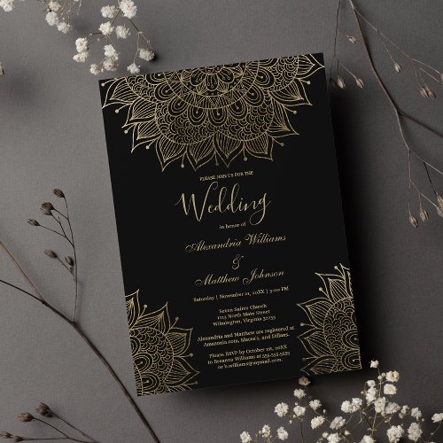 Elegant black chic gold floral mandala Wedding Invitation
