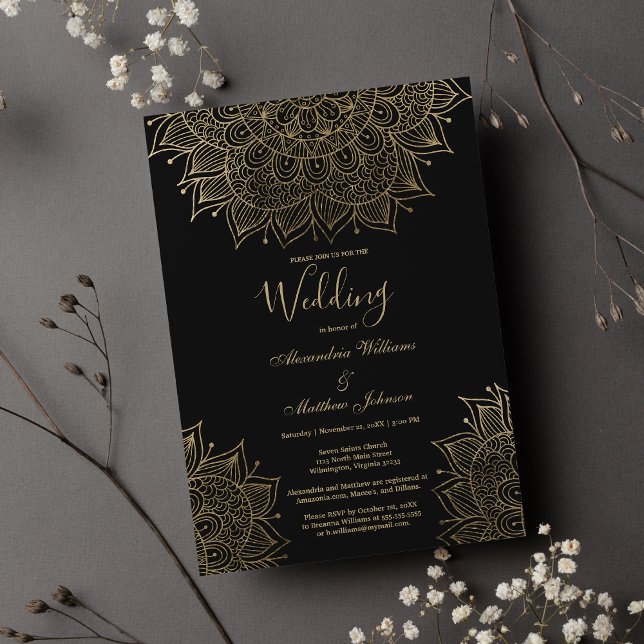 Elegant black chic gold floral mandala Wedding Invitation (Elegant black chic gold floral mandala Wedding )