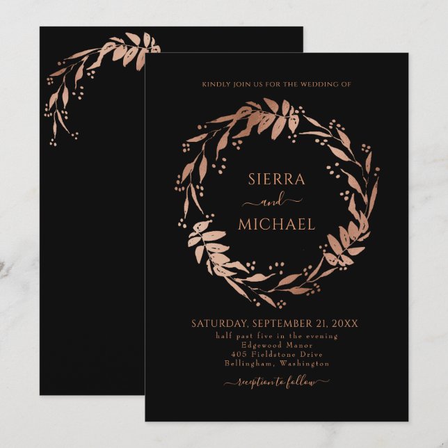 Elegant Black Chic Rose Gold Wreath Wedding Invitation (Front/Back)