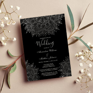 Elegant black chic silver floral mandala Wedding Invitation