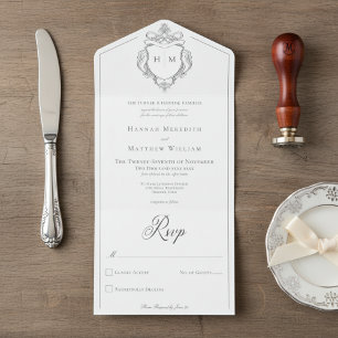 Elegant Black Chinoiserie Bird Crest Wedding All In One Invitation