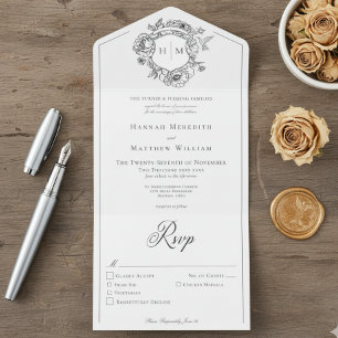 Elegant Black Chinoiserie Bird Crest Wedding All In One Invitation