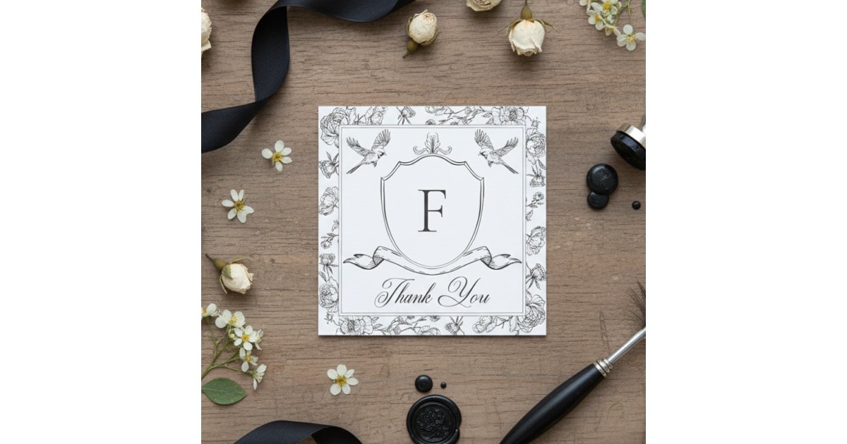 Elegant Black Chinoiserie Bird & Crest Wedding Thank You Card | Zazzle