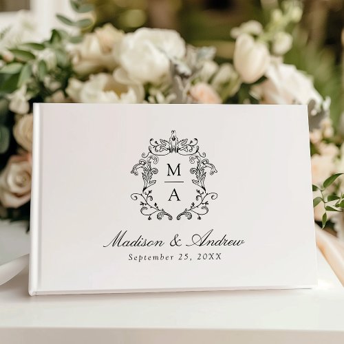 Elegant Black Chinoiserie Crest Monogram Wedding Guest Book