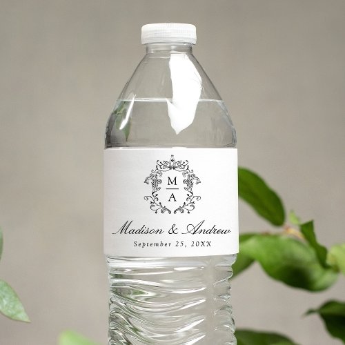 Elegant Black Chinoiserie Crest Monogram Wedding Water Bottle Label