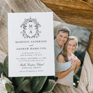 Elegant Black Chinoiserie Floral Photo Wedding Invitation