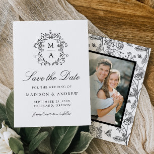 Elegant Black Chinoiserie Floral Photo Wedding Save The Date