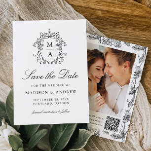 Elegant Black Chinoiserie Floral QR Code Wedding Save The Date