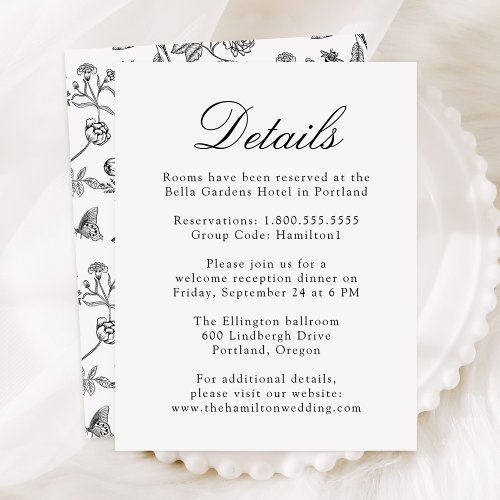 Elegant Black Chinoiserie Floral Wedding Details Enclosure Card