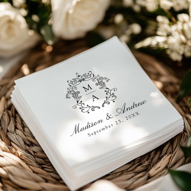 Elegant Black Chinoiserie Monogram Crest Wedding Napkins (Creator Uploaded)