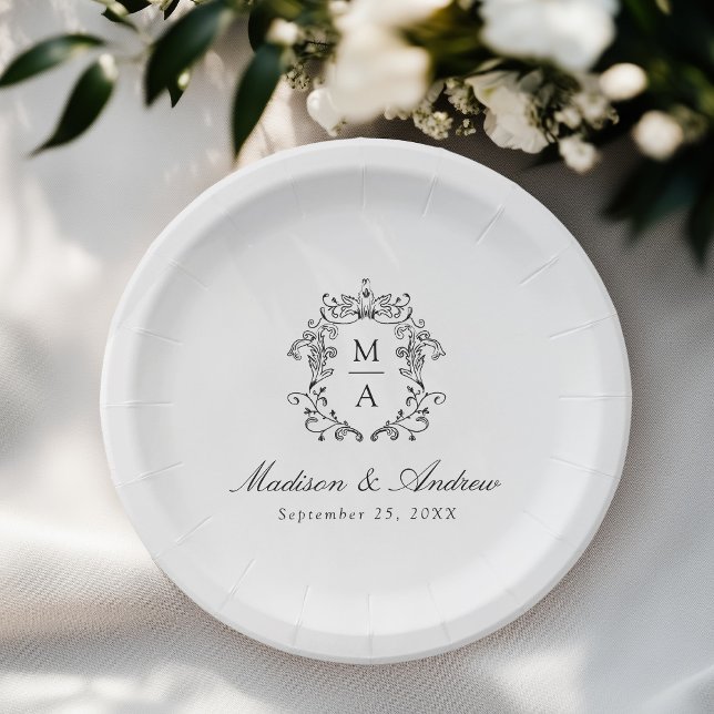 Elegant Black Chinoiserie Monogram Crest Wedding Paper Plates (Creator Uploaded)