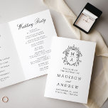 Elegant Black Chinoiserie Monogram Crest Wedding Program<br><div class="desc">Add timeless sophistication to your wedding ceremony with this elegant folded wedding program, featuring a baroque-style crest encircling the couple's monogram initials. The design blends Victorian charm with Chinoiserie-inspired details, displaying the couple's names, wedding date, and location in classic black text. Inside, the program outlines the ceremony order of service...</div>
