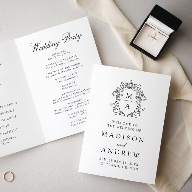 Elegant Black Chinoiserie Monogram Crest Wedding Program (Creator Uploaded)