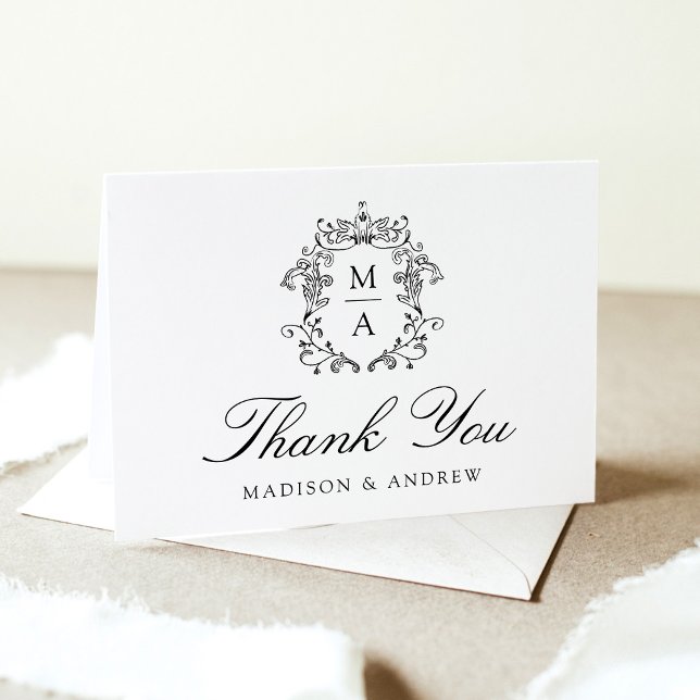 Elegant Black Chinoiserie Monogram Crest Wedding Thank You Card (Creator Uploaded)