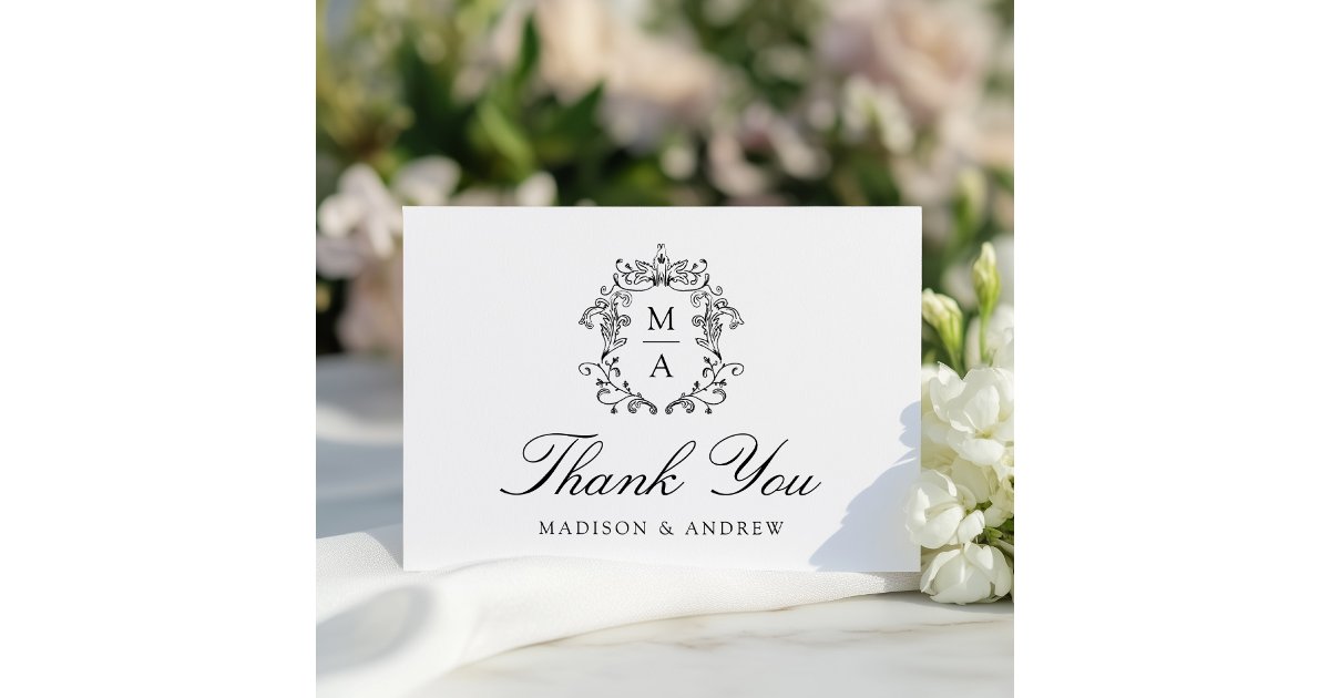 Elegant Black Chinoiserie Monogram Crest Wedding Thank You Card | Zazzle
