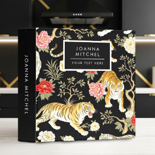 Elegant Black Chinoiserie Tiger and Peony Pattern 3 Ring Binder