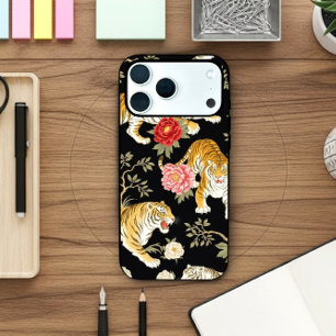 Elegant Black Chinoiserie Tiger and Peony Pattern iPhone 17 Pro Max Case