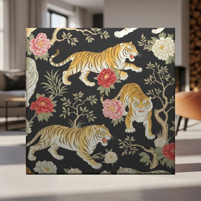 Elegant Black Chinoiserie Tiger and Peony Pattern Ceramic Tile (Creator Uploaded)