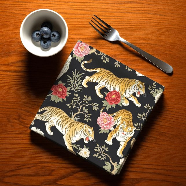 Elegant Black Chinoiserie Tiger and Peony Pattern Cloth Napkin (Creator Uploaded)