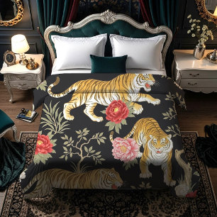 Elegant Black Chinoiserie Tiger and Peony Pattern Duvet Cover