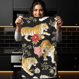 Elegant Black Chinoiserie Tiger and Peony Pattern Kitchen Towel