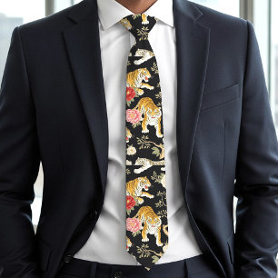 Elegant Black Chinoiserie Tiger and Peony Pattern Neck Tie