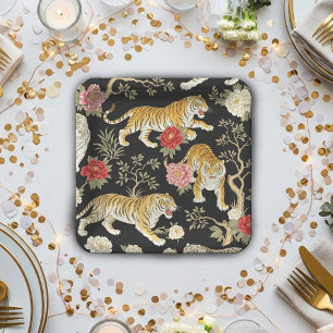 Elegant Black Chinoiserie Tiger and Peony Pattern Paper Plates