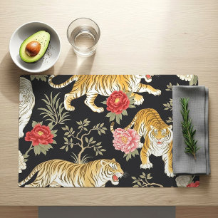 Elegant Black Chinoiserie Tiger and Peony Pattern Placemat