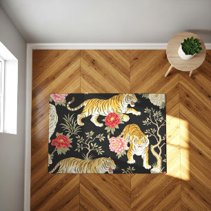 Elegant Black Chinoiserie Tiger and Peony Pattern Rug