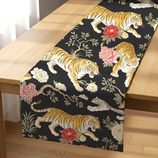 Elegant Black Chinoiserie Tiger and Peony Pattern Short Table Runner