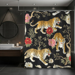 Elegant Black Chinoiserie Tiger and Peony Pattern Shower Curtain