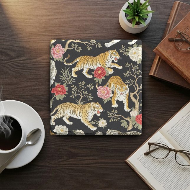 Elegant Black Chinoiserie Tiger and Peony Pattern Stone Coaster (Creator Uploaded)