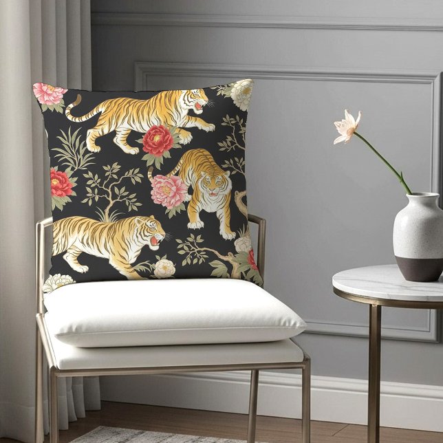 Elegant Black Chinoiserie Tiger and Peony Pattern Throw Pillow (Creator Uploaded)