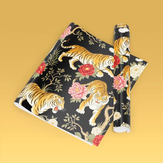Elegant Black Chinoiserie Tiger and Peony Pattern Wrapping Paper (Creator Uploaded)