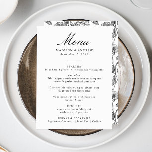 Elegant Black Chinoiserie Victorian Floral Wedding Menu