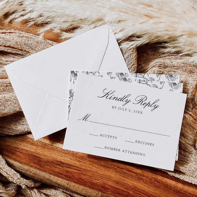 Elegant Black Chinoiserie Victorian Floral Wedding RSVP Card (Creator Uploaded)