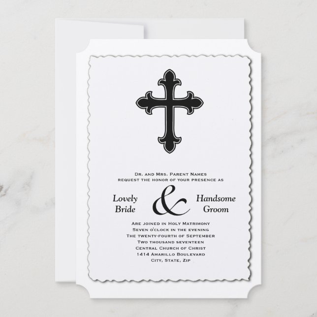 Elegant Black Christian Cross Wedding Invitation (Front)