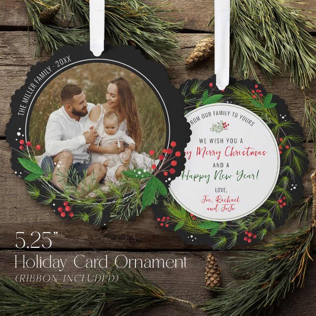Elegant Black Christmas Greenery Wreath Photo  Ornament Card (Unique photo holiday card & ornament with ribbon in one! Gray black greenery wreath Merry Christmas)