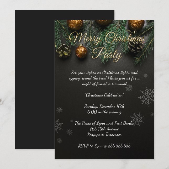 Elegant Black Christmas Party Invitation (Front/Back)