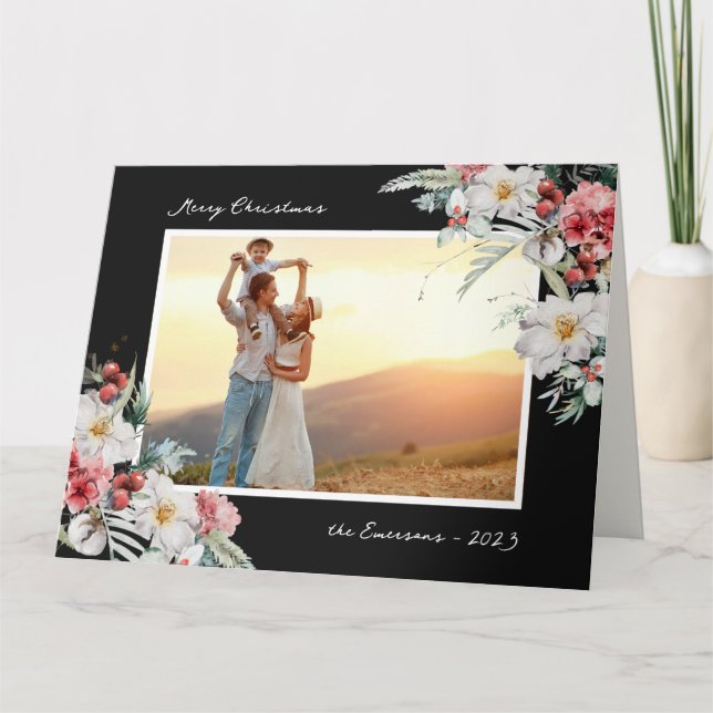 Elegant Black Christmas Photo Holiday Card (Front)