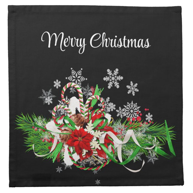 Elegant Black Christmas Poinsettia Greenery  Cloth Napkin (Front)