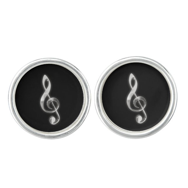 Elegant Black & Chrome Music Note  Cufflinks (Front)