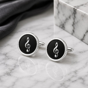 Elegant Black & Chrome Music Note Cufflinks