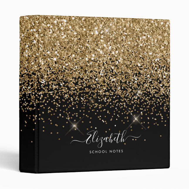 Elegant Black Classic Gold Glitter Sparkle Rain 3  3 Ring Binder (Front/Spine)