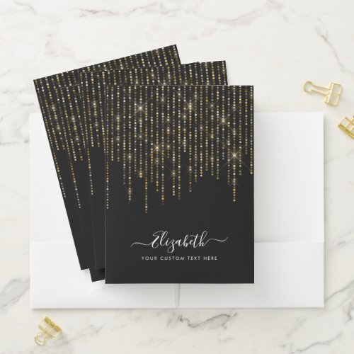 Elegant Black Classic Gold Glitter Sparkle Rain Pocket Folder