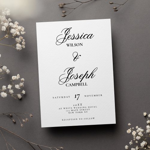 Elegant black classic script calligraphy wedding invitation