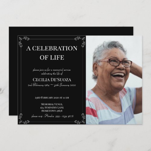 Elegant Black Classic Swirls Custom Photo Memorial Invitation