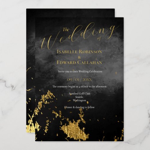 Elegant Black Color Splash  Gold Texture Wedding  Foil Invitation